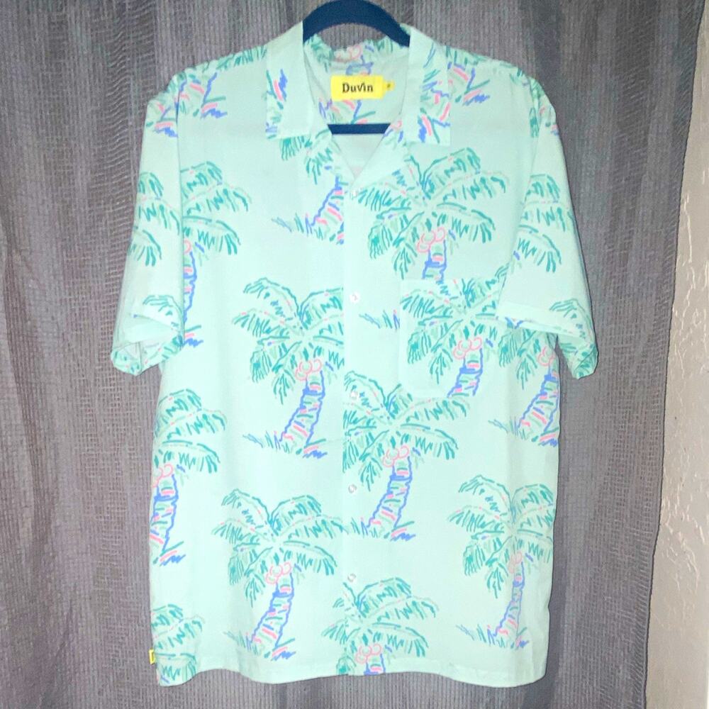 Duvin Men's M Regular Light Blue Palm Tree Button-Up Shirt Golf/Resort wear